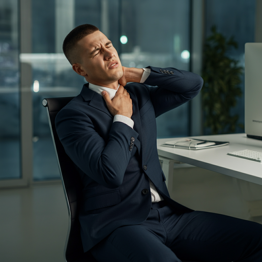 Is Your Office Chair Causing Neck Pain Signs & Solutions - young office worker with neck pain siting in office chair