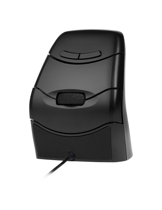 A black ergonomic computer mouse with a visible wired connection.