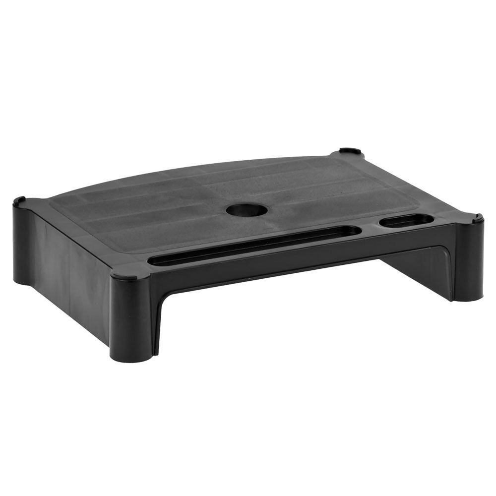A black flat screen monitor stand made of plastic, designed to hold a monitor on top.