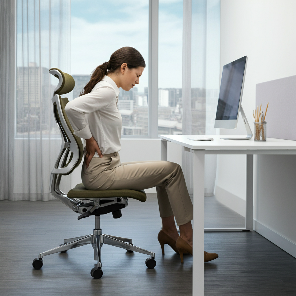 5 Common Ergonomic Chair Mistakes - woman sitting in office chair feeling discomfort