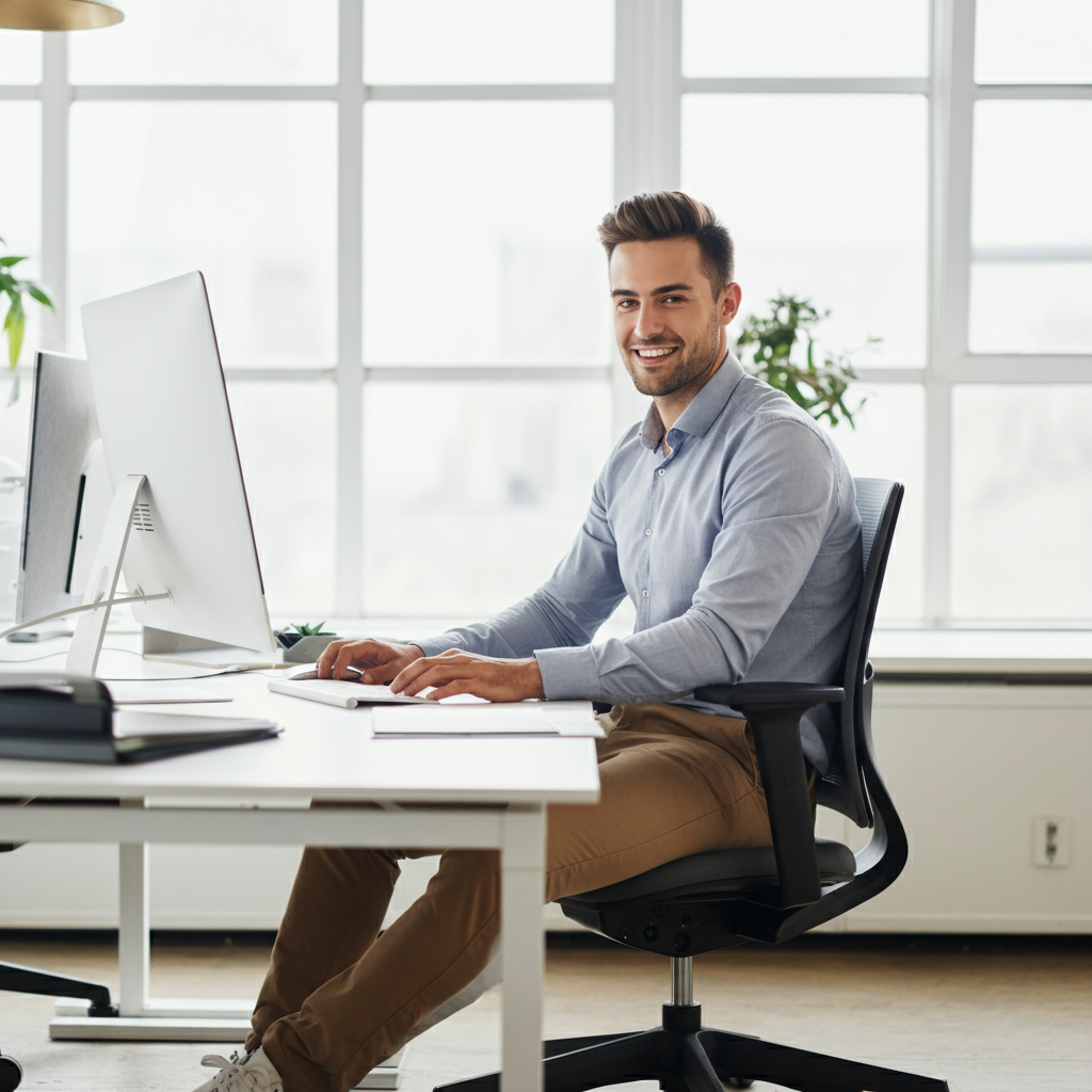 Affordable Ergonomic Chairs Under £200: Budget-Friendly Picks - man smiling in office chair