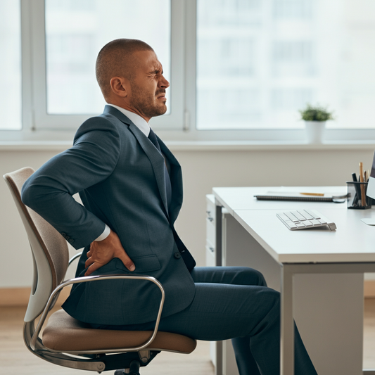 Ergonomic Chair vs Kneeling Chair: What’s Best for Back Pain? - man in office chair with back pain