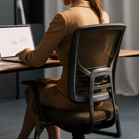 Ergonomic Myths Busted: What Really Matters for Comfort - image of back of ergonomic office chair of woman sitting at desk working