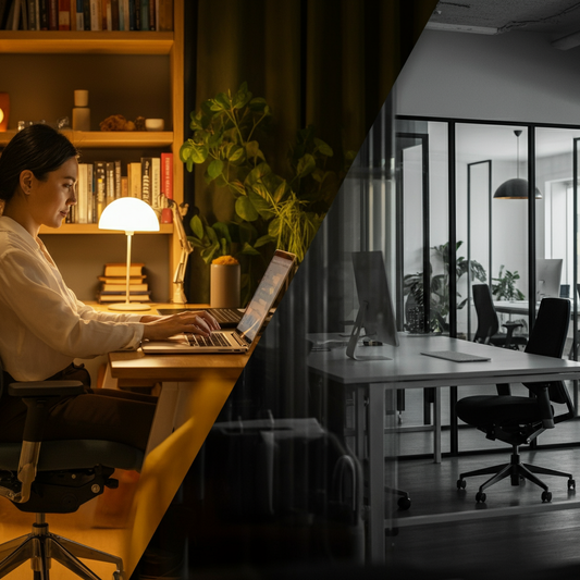 Home Office Chairs vs. Commercial Office Chairs image showing comparison of different work environments in split screen