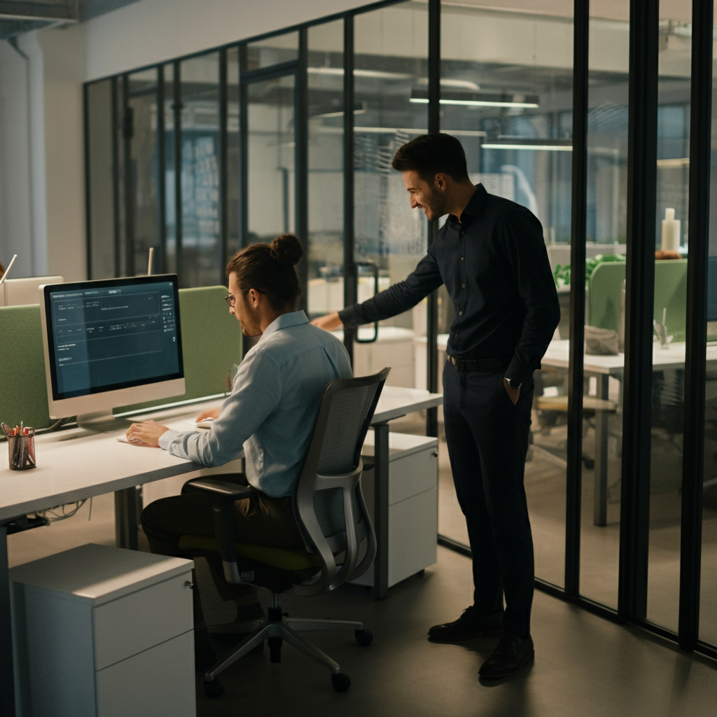 Tips for an Ergonomic Workspace Setup - two office workers at desking giving each other advise