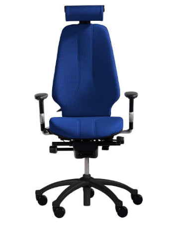 Blue ergonomic office chair with headrest on a white background