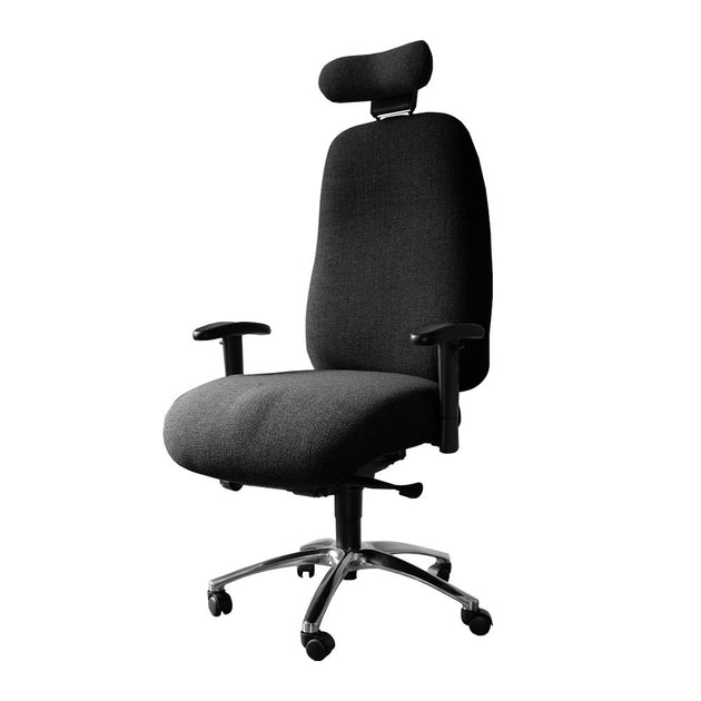 black bariatric office chair with headrest, armrests and polished aluminium base