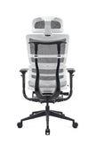 Grey office chair with mesh back and black armrests on a white background