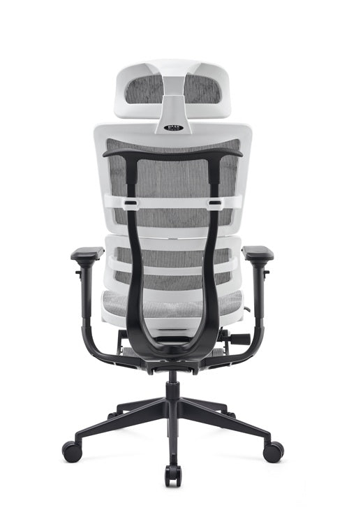 Grey office chair with mesh back and black armrests on a white background