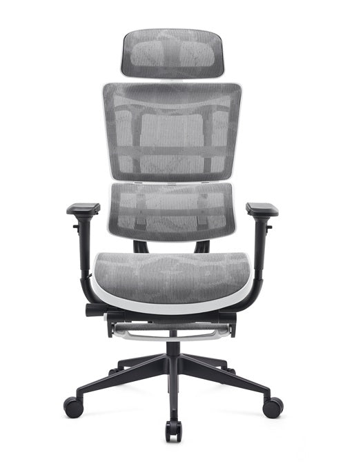 Grey mesh office chair with black base on a white background