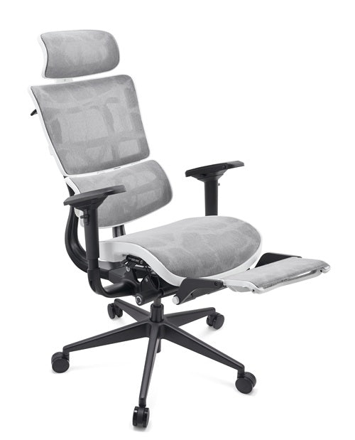 Grey mesh office chair with mesh back and armrests and legrest on a white background