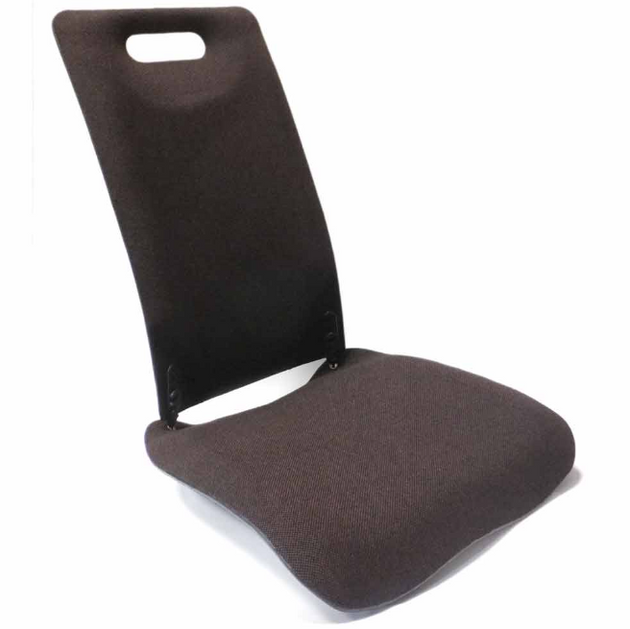 A black contoured backrest and seat base cushion with a handle at the top, designed for posture support.