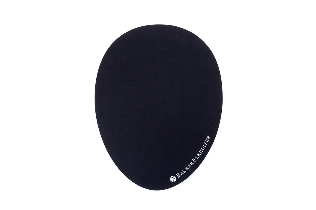 An oval-shaped black egg ergo mouse pad with a smooth surface and a thermal insulating top layer.