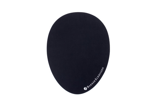 An oval-shaped black egg ergo mouse pad with a smooth surface and a thermal insulating top layer.