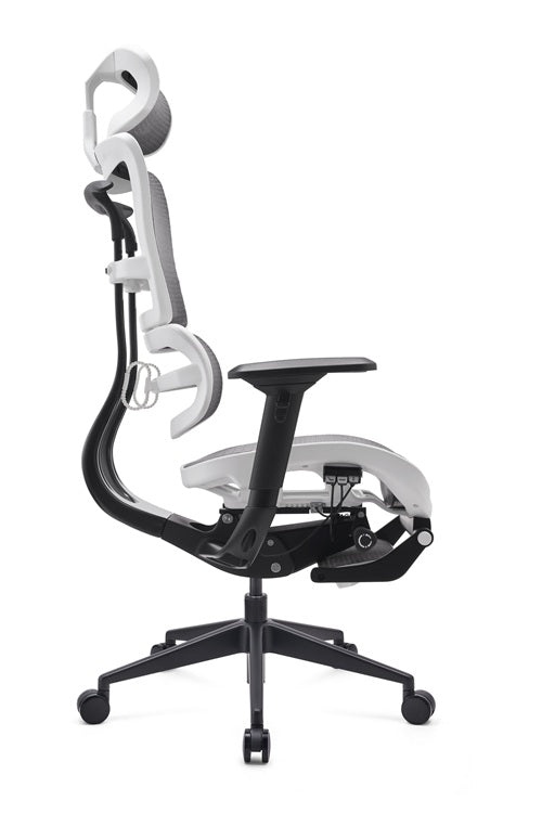 Ergonomic mesh chair with adjustable headrest and lumbar support on a white background