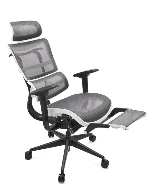 Grey ergonomic office chair with mesh back and seat on a white background