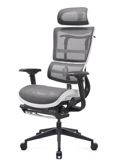 Grey ergonomic mesh office gaming chair with headrest on a white background