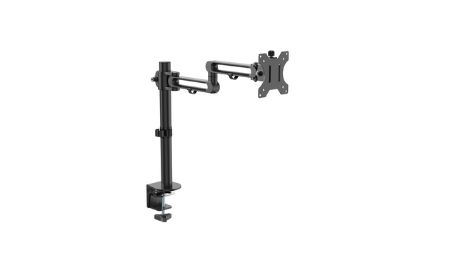 A black flat-screen monitor arm mounted on a desk mount, designed to hold a monitor at various angles.