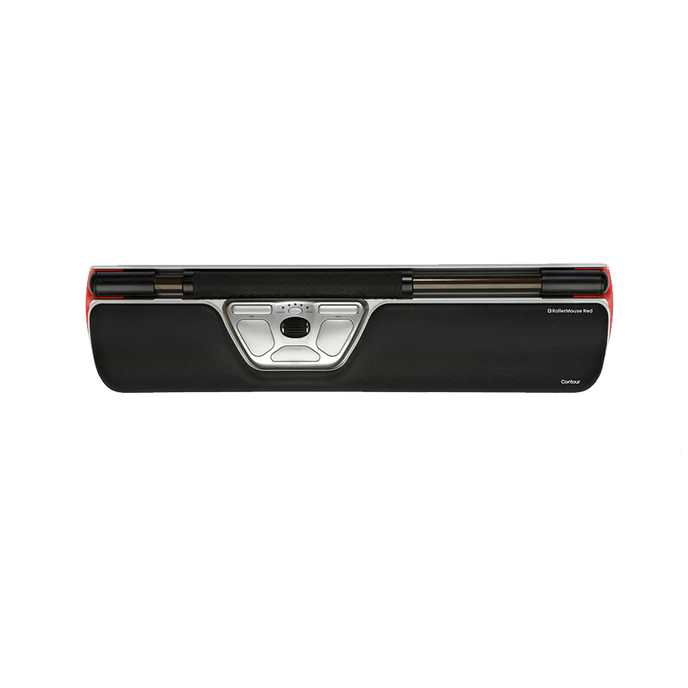 A Contour RollerMouse Red placed against a white background, showing the front view with the rollerbar and buttons.