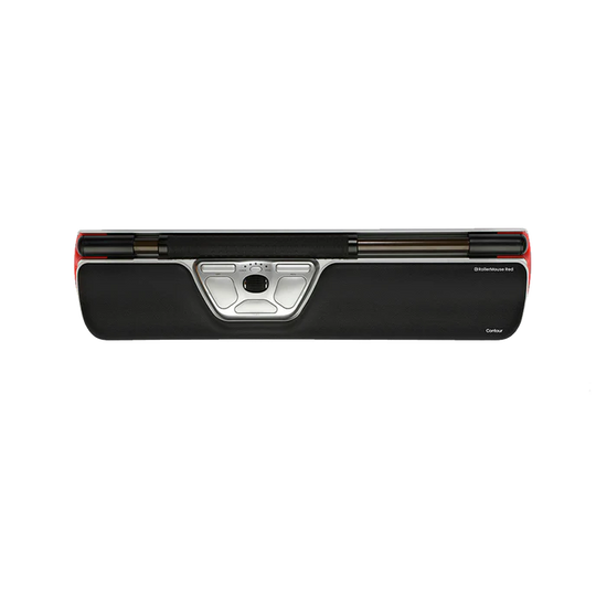 A Contour RollerMouse Red placed against a white background, showing the front view with the rollerbar and buttons.