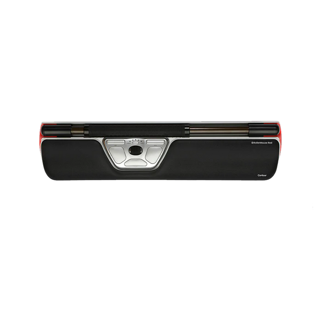 A Contour RollerMouse Red placed against a white background, showing the front view with the rollerbar and buttons.