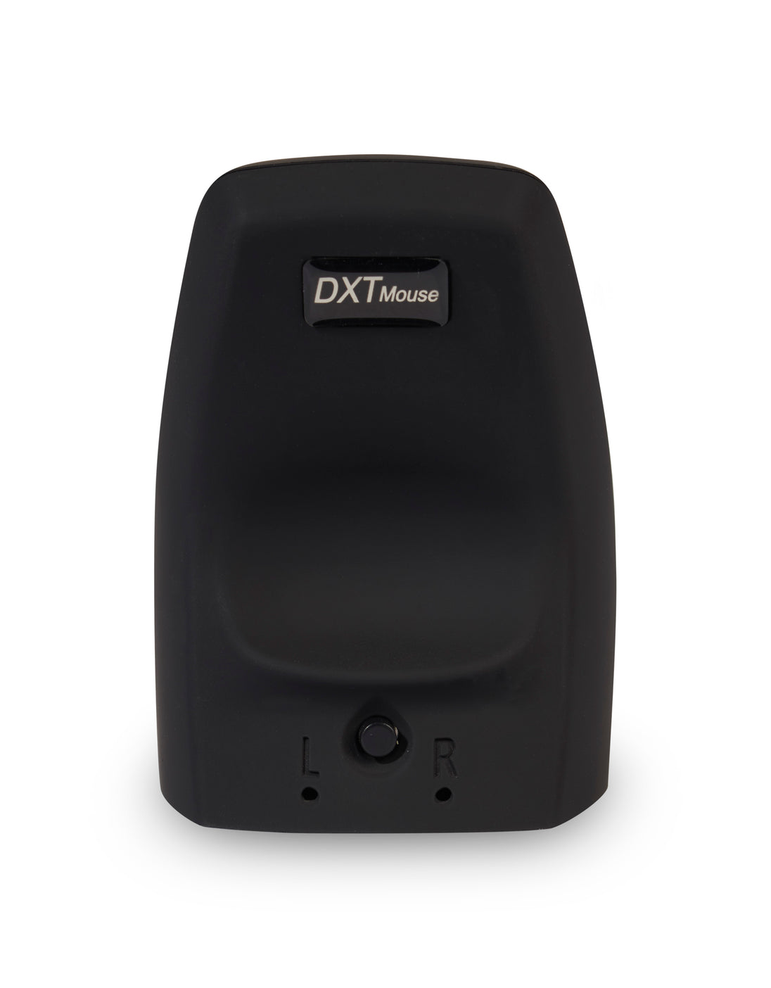rear of dxt mouse showing logo and button to switch between left and right handed use