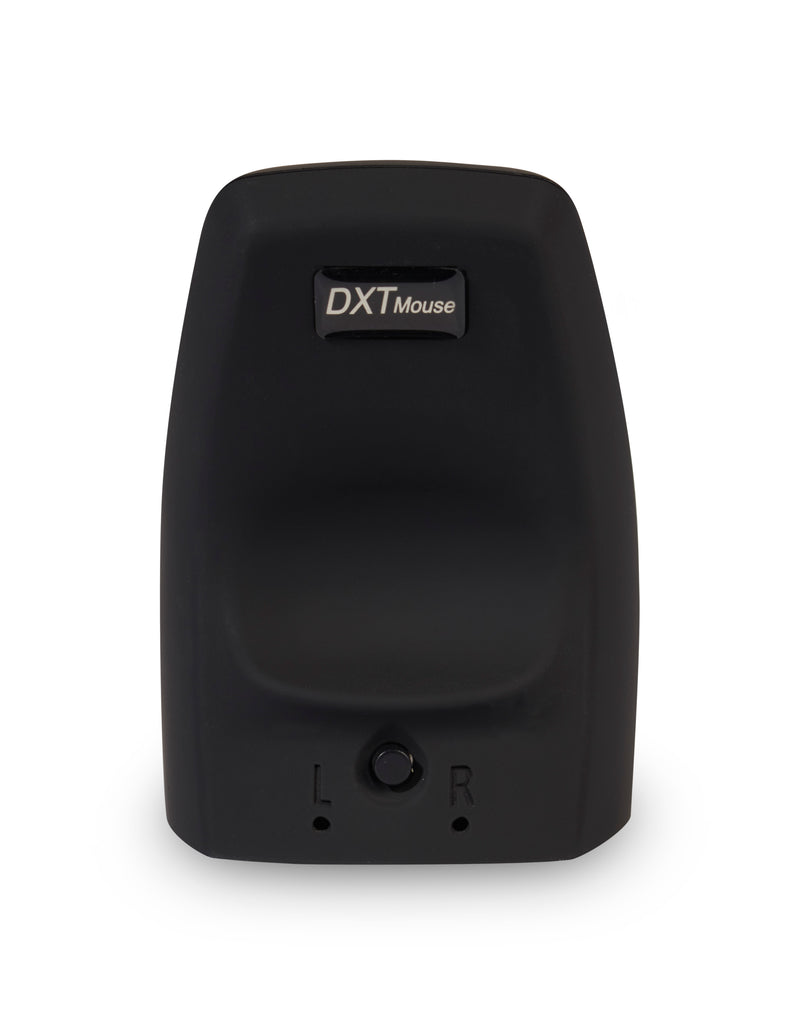 rear of dxt mouse showing logo and button to switch between left and right handed use