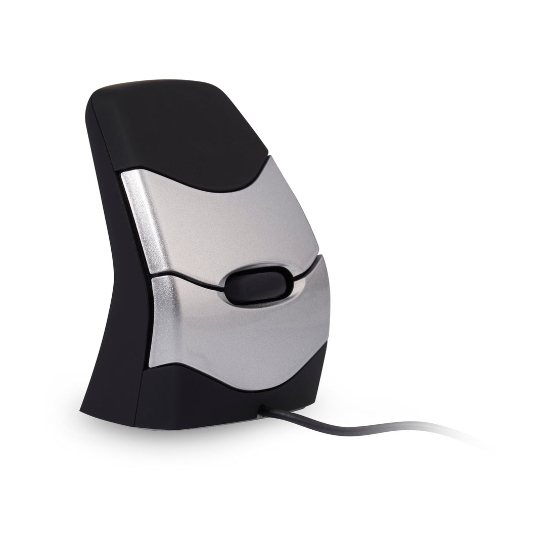 A black and silver ergonomic precision mouse with a wired connection, designed for both left and right-handed use.