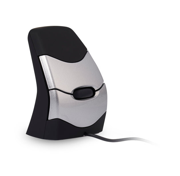 A black and silver ergonomic precision mouse with a wired connection, designed for both left and right-handed use.