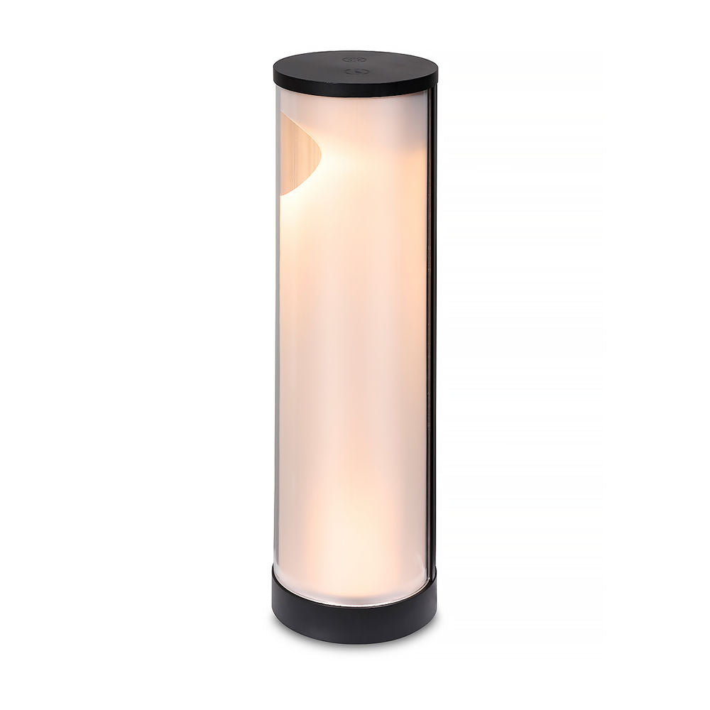 A sleek, cylindrical desk light with a white body and black base.