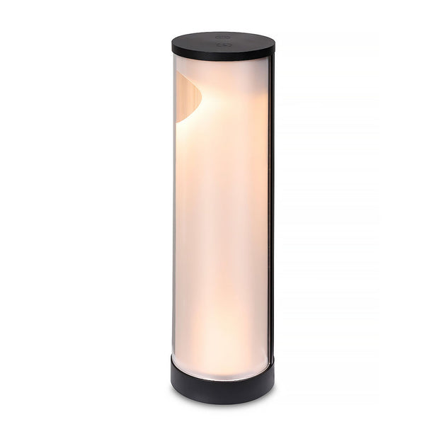 A sleek, cylindrical desk light with a white body and black base.