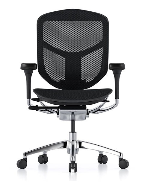 black mesh chair with armrests and polished aluminium base