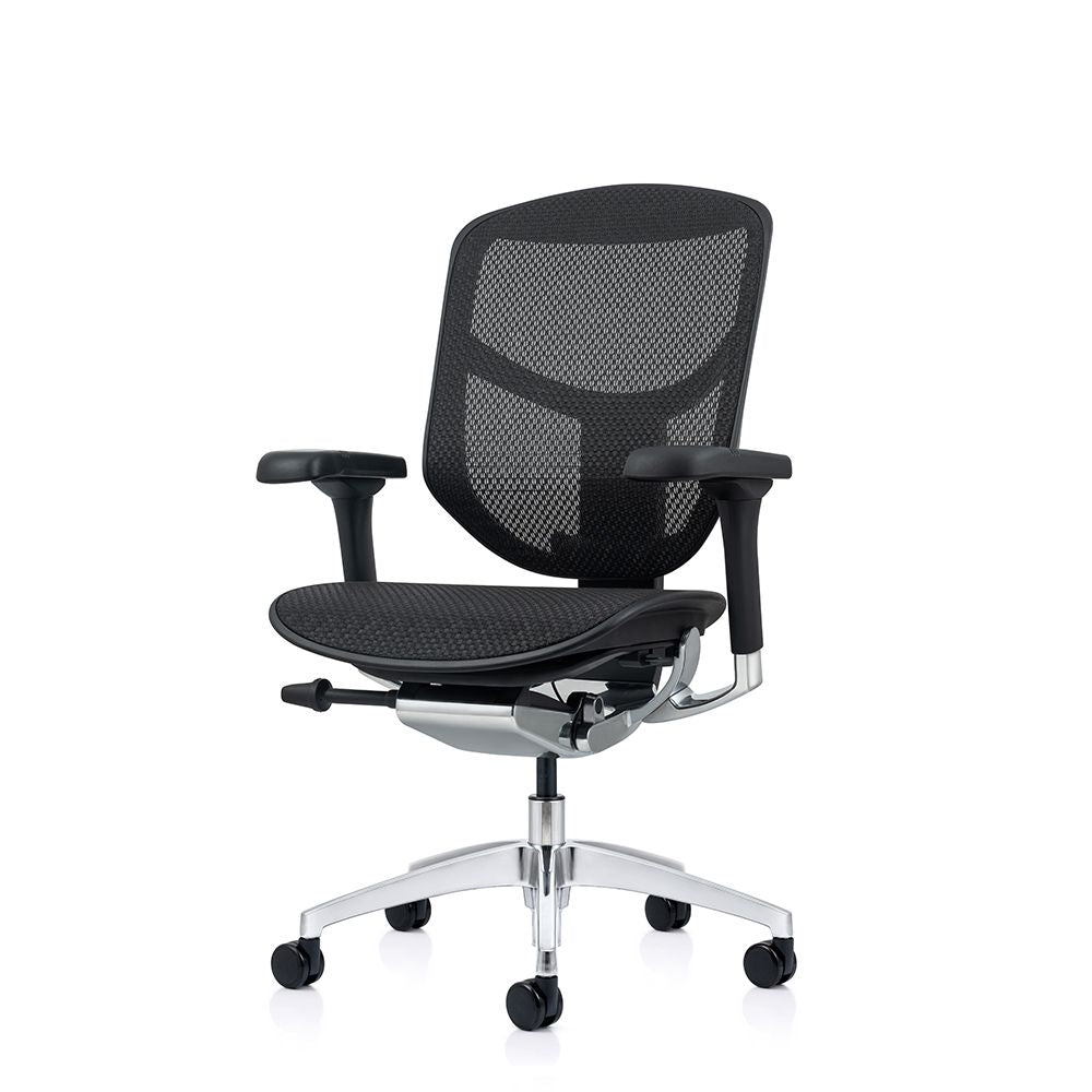 Black office chair with mesh backrest and a five-star base with caster wheels.