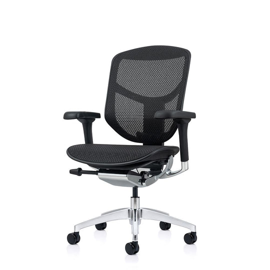 Black office chair with mesh backrest and a five-star base with caster wheels.