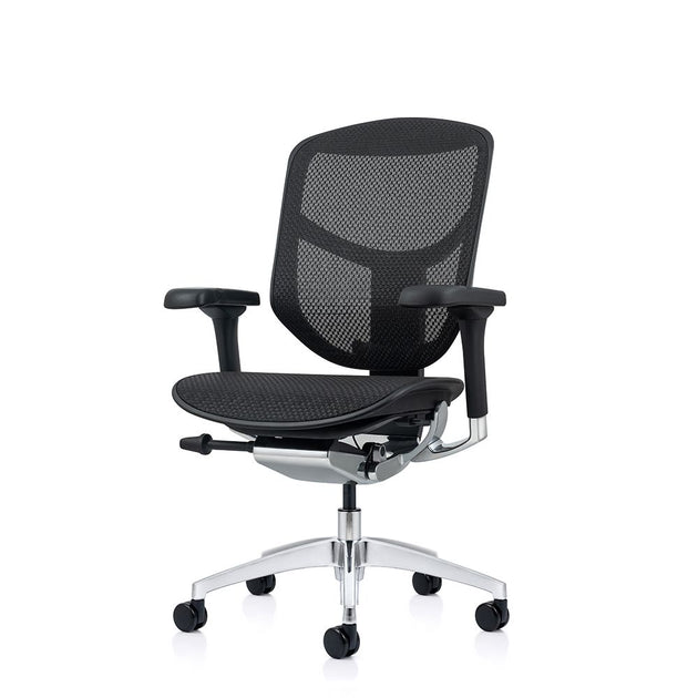 Black office chair with mesh backrest and a five-star base with caster wheels.
