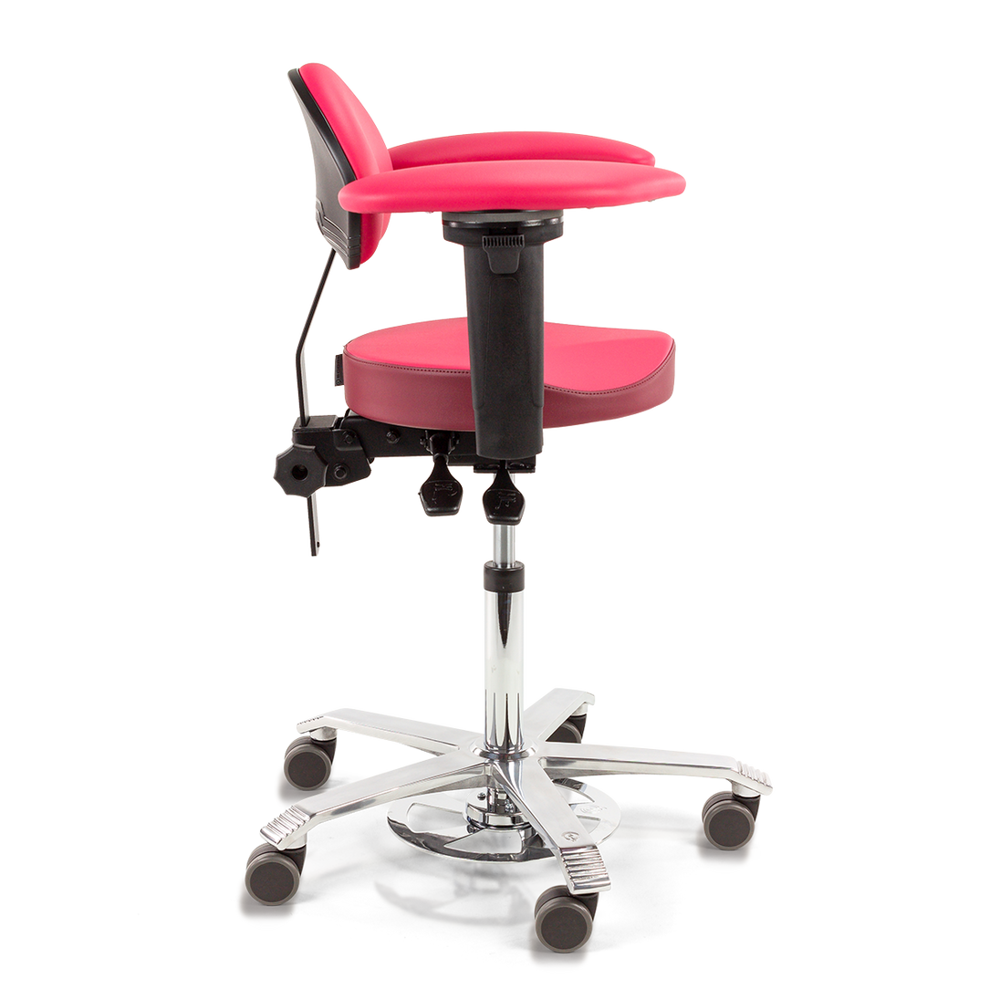 Pink medical chair with adjustable height on a white background