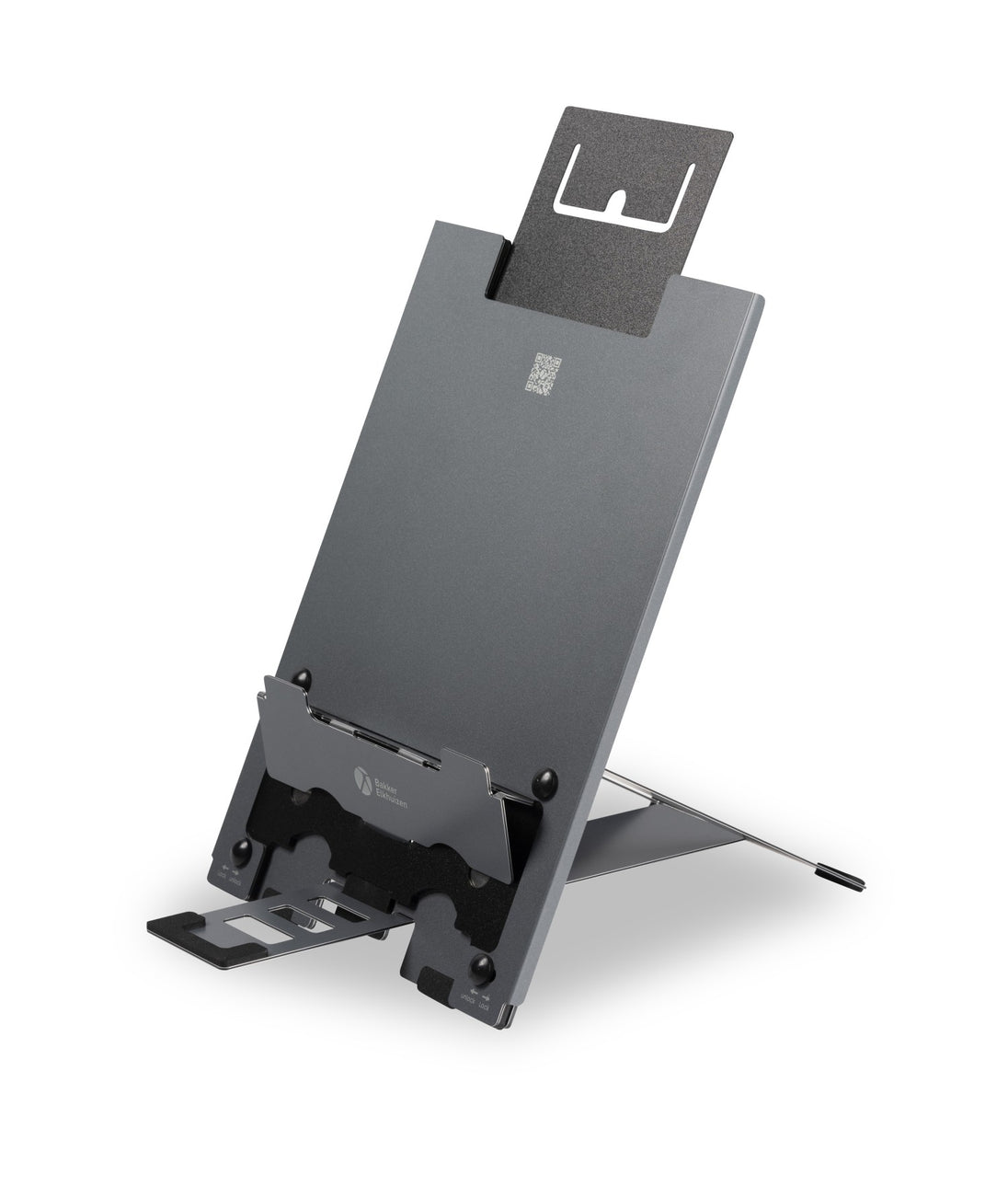 A silver laptop and tablet riser made from high quality aluminium, with adjustable height settings and a protective sleeve.