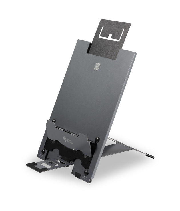 A silver laptop and tablet riser made from high quality aluminium, with adjustable height settings and a protective sleeve.