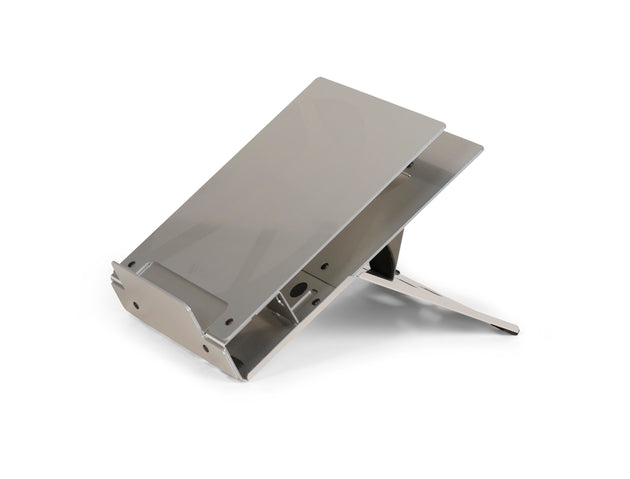 A silver laptop riser with an angle adjustable design, featuring rubber anti-slip feet and an inline document holder slot.