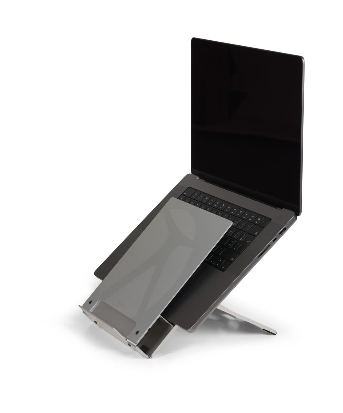 image showing a laptop riser holding a laptop with inbuilt document holder