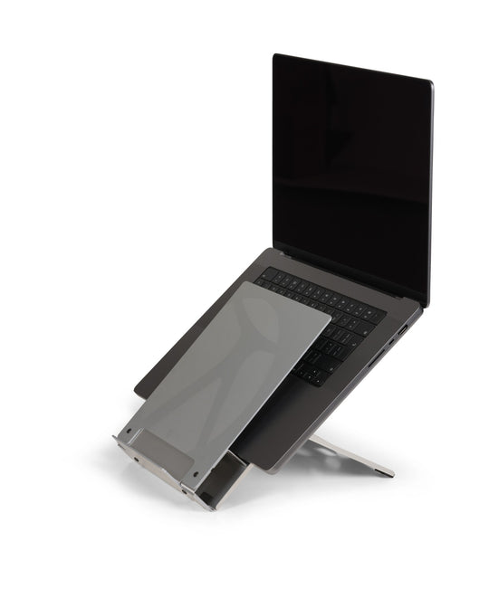 image showing a laptop riser holding a laptop with inbuilt document holder