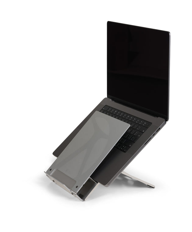 image showing a laptop riser holding a laptop with inbuilt document holder