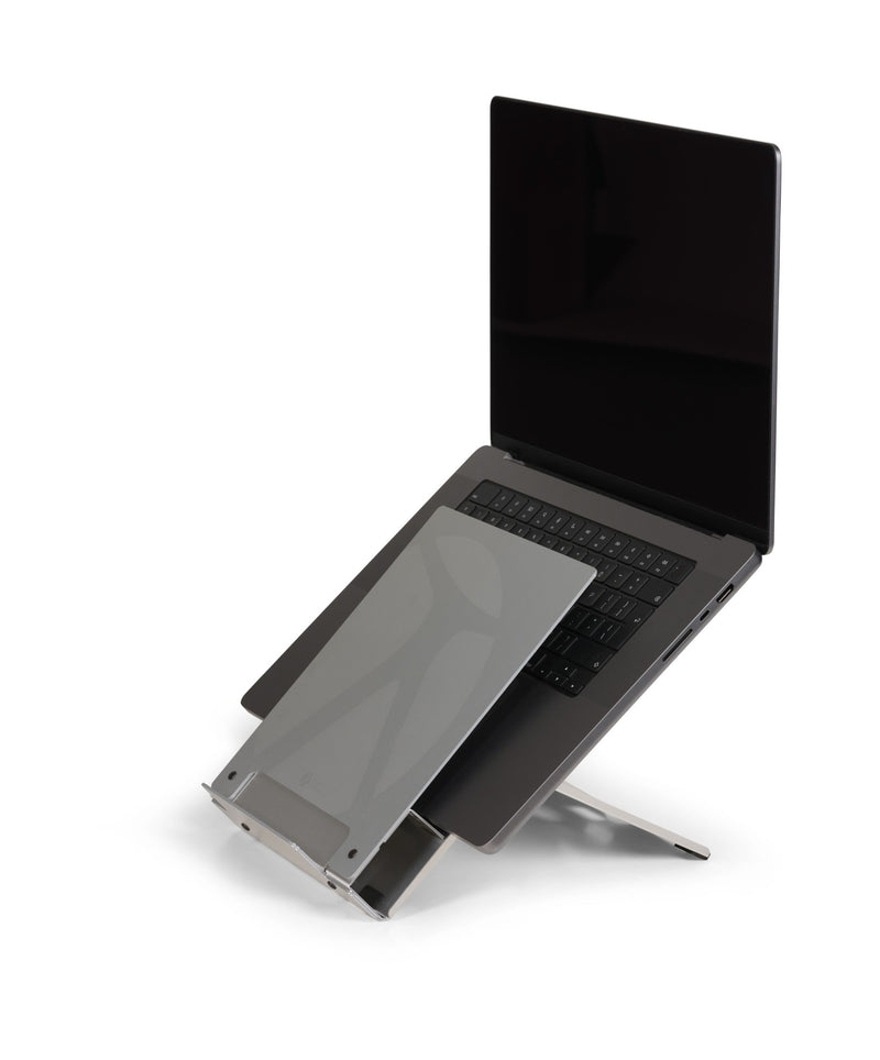 image showing a laptop riser holding a laptop with inbuilt document holder