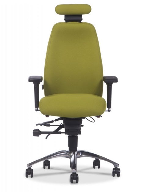 Green office chair with headrest on a white background