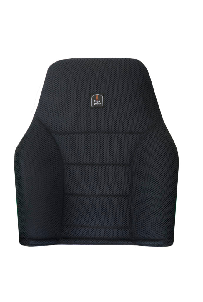 A black Ergochair ErgoDriver back support for vehicles, featuring a memory foam layer and 3D spacer fabric.