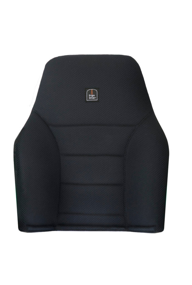 A black Ergochair ErgoDriver back support for vehicles, featuring a memory foam layer and 3D spacer fabric.