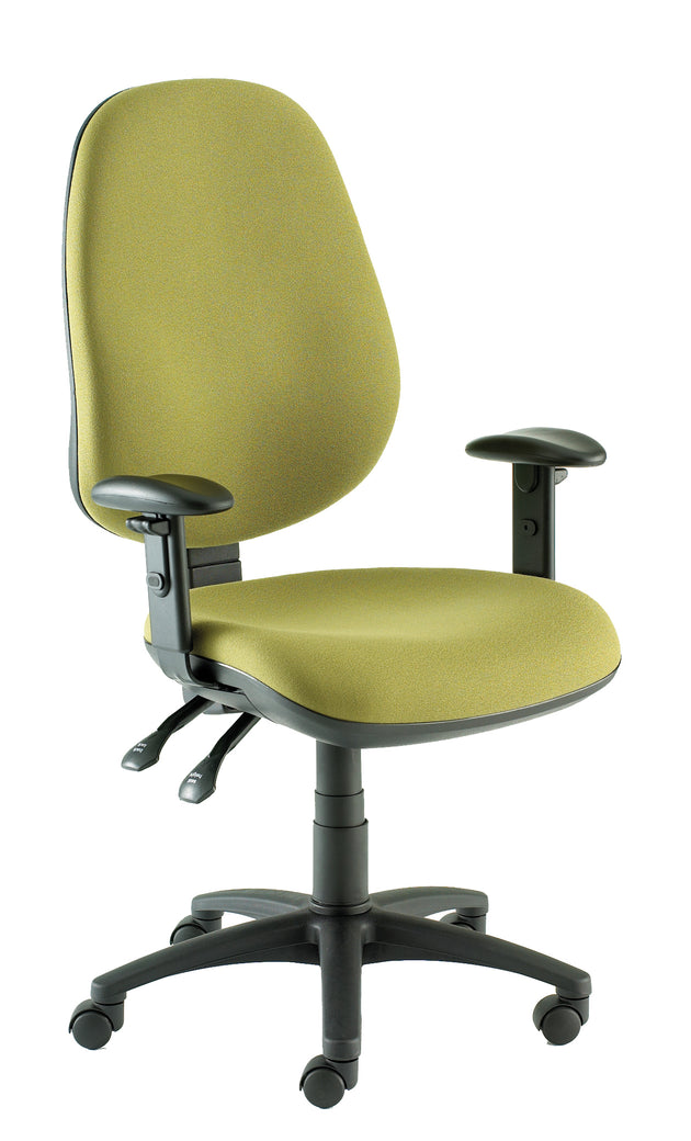 green office chair with armrests and 5 point plastic base