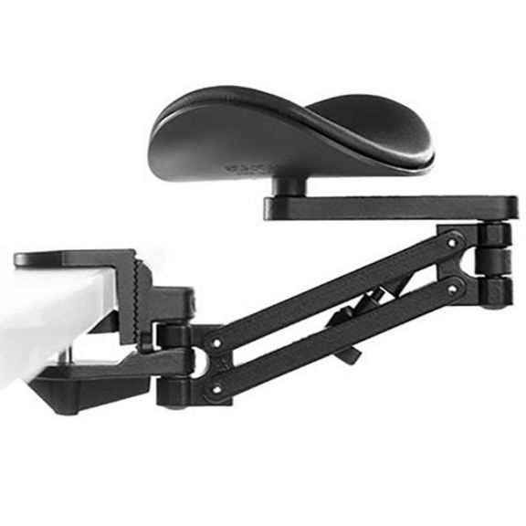 black ergorest arm support clamped on to front edge of desk