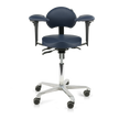 Navy blue medical examination chair with armrests on a white background