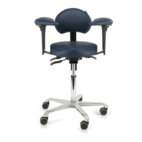 Navy blue medical examination chair with armrests on a white background
